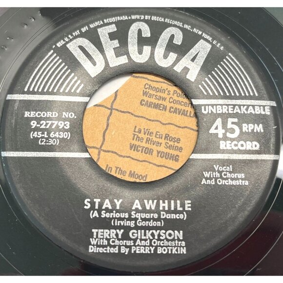 Terry Gilkyson Stay Awhile / Rollin Stone 45 Vinyl 50s Country DECCA 27793 - Picture 1 of 6